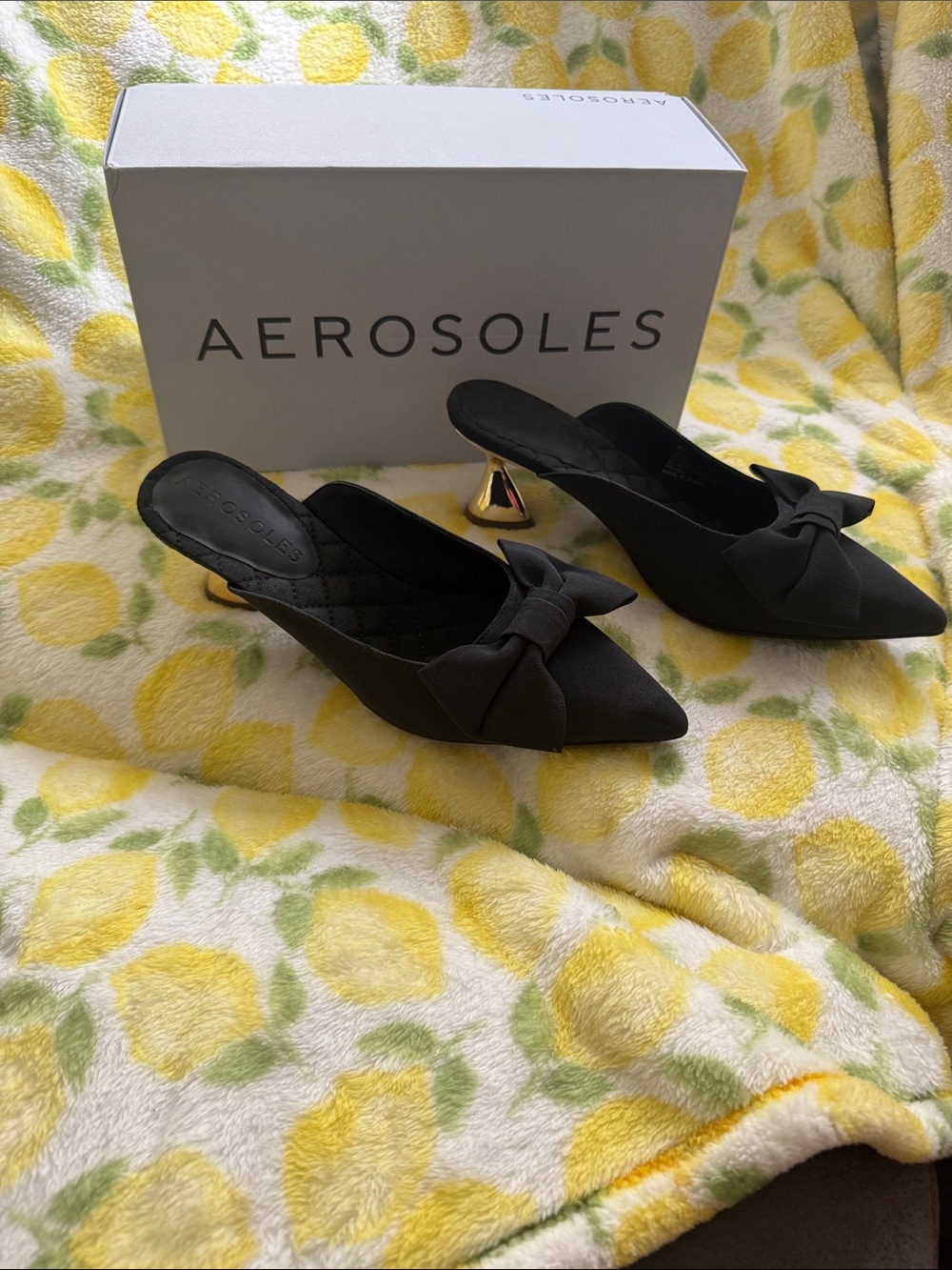 AEROSOLES Black Pointed-Toe Bow Mules with Gold Heel